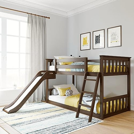 Max & Lily Twin Over Twin Low Bunk with Slide and Ladder, Wooden Bunk beds with 14” Safety Guardrail for Kids, Toddlers, Boys, Girls, Teens, Bedroom Furniture, Walnut Max & Lily