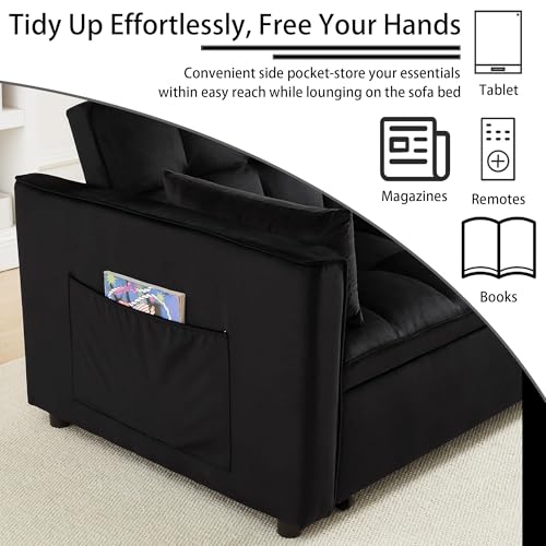 SUNPOKUILN 70" 3-in-1 Velvet Sleeper Sofa Bed, Convertible Pull Out Couch w/Adjustable Back, Armrests & Storage. Modern Black Futon for Living Room, Bedroom, Small Space - 2 Pillows Included Black SUNPOKUILN