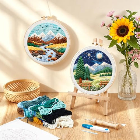 BEUNITONE 3PCS Landscape Punch Needle Kit for Adults Beginners, Complete Craft Kit Needlepoint Kits for Adults with Hoop, Punch Needle Starter Craft Set for Cloth Festival Gift and Home Decor 20X20CM BEUNITONE