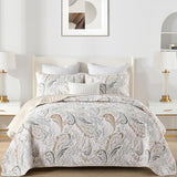 WONGS BEDDING Boho Quilt Set Queen,Beige Paisley Floral Pattern Bedspread Coverlet Set with 2 Pillowcases,Lightweight Microfiber Bohemian Quilt Bedding Set 96"×90" WONGS BEDDING