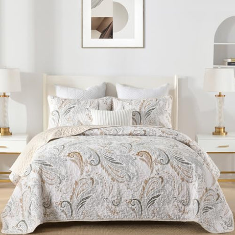 WONGS BEDDING Boho Quilt Set Queen,Beige Paisley Floral Pattern Bedspread Coverlet Set with 2 Pillowcases,Lightweight Microfiber Bohemian Quilt Bedding Set 96"×90" WONGS BEDDING