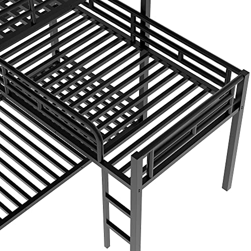 MERITLINE Metal Triple Bunk Bed for Kids, L-Shaped Twin Over Twin & Twin Bunk Bed Frame, 3 in 1 Bed Bunk Beds with Guardrails and Ladders for Teens Adults, Black MERITLINE