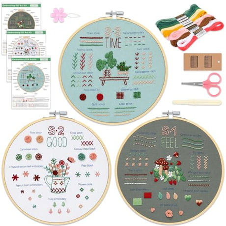 KintKita Embroidery Kit for Adults Beginners, 3 Stages to Learn 31 Basic Embroidery Stitches Practice Cross Stitch Kits for Beginners with Embroidery Patterns, Hoop,Threads,Tools KintKita