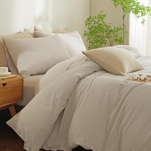 MWL Toy Striped Duvet Cover Set Full Size 3 Pcs Breathable Durable 100% Washed Cotton Comforter Cover for All Seasons Chic Linen Like Textured Bedding Set (Light Brown White Pinstripes, Full) MWL Toy