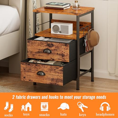 Furologee Rustic Brown Nightstands Set with 2 Fabric Drawers and Hooks - WoodArtSupply