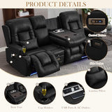 TUNYI Power Loveseat Recliner Sofa with Massage & Heat Home Theater Seating with Console RV Recliner Loveseat Sofa with USB/Storage/Side Pocket/LED Light/Speaker (Black, 3 Seat with Console)