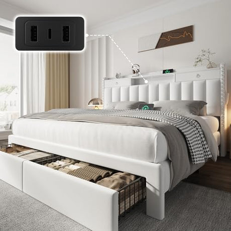 CypBed Queen Bed Frame with Headboard ＆ 4 Storage Drawers,Velvet Upholstered Platform Bed Frame Queen Size with 3 USB & Type-C Charging Ports,Solid Wood Slats,No Box Spring Needed, No-Noise,White,Gift CypBed