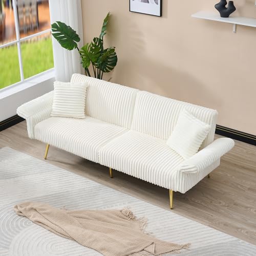Zentrava White 79" Convertible Futon Sofa Bed with Adjustable Backrest & Armrests, Modern Corduroy Folding Loveseat Sleeper Couches with Two Soft Pillows for Living Room Apartment Office (White) Zentrava