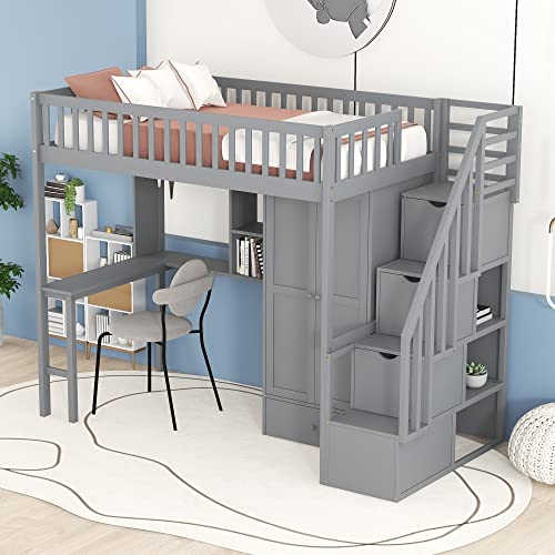 Harper & Bright Designs Twin Size Loft Bed with Desk, Wood Loft Bed Frame with Wardrobe, Bookshelf and Drawers, Gray Harper & Bright Designs