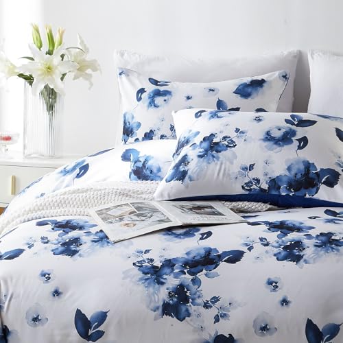 Cupocupa Queen Duvet Cover Set - 3pc Blue Floral Art Deco Bedding - Soft Botanical Print Polyester Duvet Cover with 2 Pillowcases - All Season Reversible Comforter Cover (Queen, Blue Floral) Cupocupa