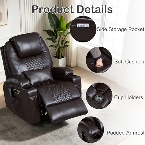 IBTKIG Power Swivel Rocker Recliner with Dual Motor, 240° Electric Glider Recliner with Heat & Massage, Rocking Chair Theater Seating with LED/Lumbar Pillow/USB Port/Cup Holders（Faux Leather Brown, 1）