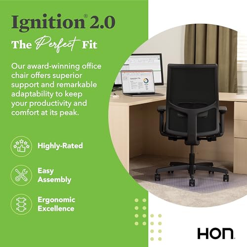 HON Ignition 2.0 Mid Back Task Chair, Advanced Synchro-Tilt Control, Office Chair with Lumbar Support, Height and Width Adjustable Arms, Black Frame, Black HON