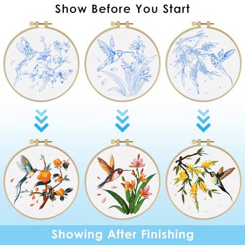 ERKOON 3 Sets Embroidery Kit, Hummingbird Cross Stitch Set for Include Embroidery Cloth Hoops Threads for Craft Lover Hand Stitch (Hummingbird)
