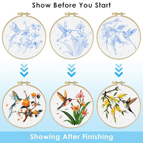 ERKOON 3 Sets Embroidery Kit, Hummingbird Cross Stitch Set for Include Embroidery Cloth Hoops Threads for Craft Lover Hand Stitch (Hummingbird) ERKOON