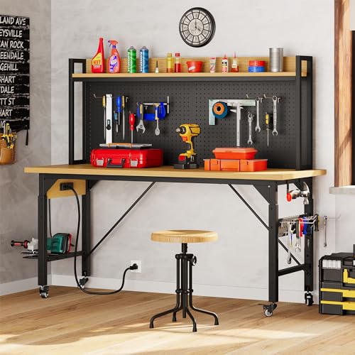 DWVO 60" Adjustable Workbench with Pegboard, Heavy Duty Wood Top Work Bench with Wheels, 1600 LBS Load Capacity, Rolling Work Table with AC/USB Outlet, Hooks, Rack for Garage, Workshop, Offic - WoodArtSupply