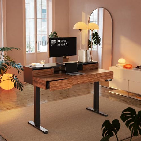 HUANUO Standing Desk with Drawers, 48 Inches Electric Height Adjustable Desk with Storage, Whole-Piece Board Sit Stand Up Desk with Monitor Shelf, Black Walnut HUANUO