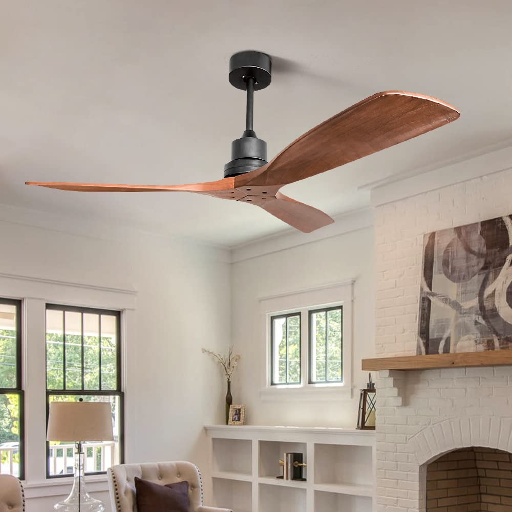 Sofucor 52 Inch Ceiling Fan No Light Outdoor Ceiling Fan Remote Controlled 3 Carved Wood Fan Blades Reversible DC Motor Ceiling Fan Without Light for Farmhouse Modern Style