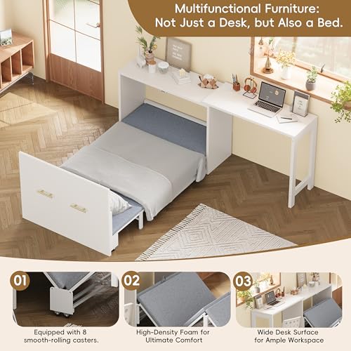 MaiDeHaoo Twin Size Murphy Bed Cabinet Horizontal with Adjustable Position Desk Murphy Chest Bed with Foldable Cushion - White MaiDeHaoo