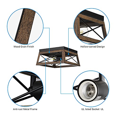 DEWENWILS Farmhouse Ceiling Light Fixture, Metal Flush Mount Ceiling Light with Wood Grain Finish, 2-Lights Ceiling Lamp for for Hallway, Entryway, Kitchen, Foyer DEWENWILS