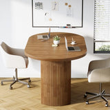 Tribesigns Oval Conference Table 47.24 Inches for 4 People, Rustic Wood Meeting Table with Polygon Base, Small Office Desk for Break Room, Seminar, Brown Tribesigns