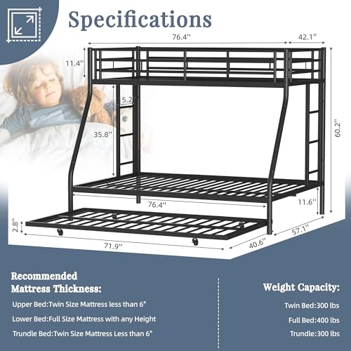 Shintenchi Bunk Bed Twin Over Full Size with Trundle, Heavy-Duty Twin&Full Frame with Full-Length Guardrail and Two Ladders, Triple for Kids, Teens and Adults, Space-Saving, Black Shintenchi