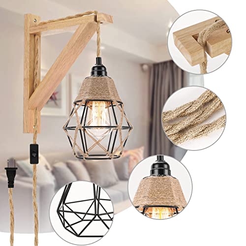 Frideko Wall Lamp with Plug in Cord - Plug in Wall Sconces, Farmhouse Hanging Lamps That Plug into Wall Outlet, Rustic Wall Mount Lamp with Wood Shelf Bracket & Switch Cord for Living Room, B - WoodArtSupply