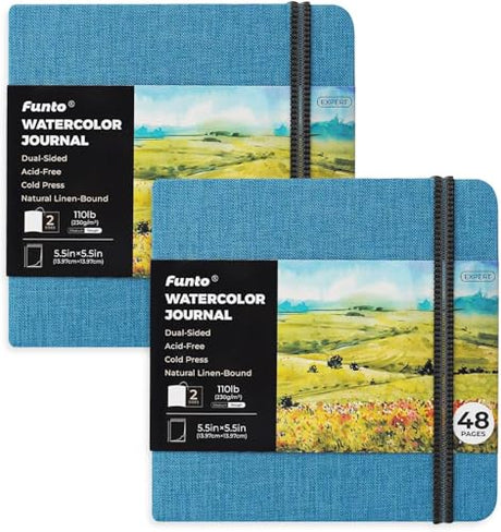 Funto Watercolor Journal, Square, 5.5x5.5, Portable 2-Pack, 48 Pages Each, Blue Cover, 110lb/230gsm, Art Supplies for Mixed Media Funto