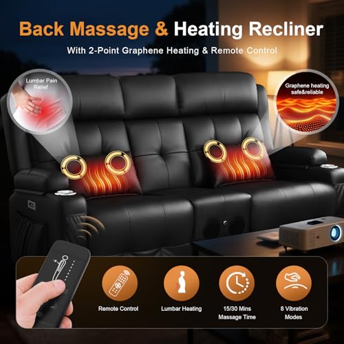 Home Theater Seating, Power Loveseat Recliner Sofa with Massage & Heating, Wall Hugger RV Couch with LED Lights & Built-in Speakers, Flip Backrest, Drawer, USB & Type-C Charging, Cup Holders, Pillows