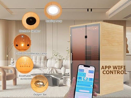 Full Spectrum Infrared Sauna for 2 Person, Upgraded WiFi Control Indoor Red Light Therapy Canadian Hemlock Wood Home Spa Saunas, Speaker, Oxygen bar, Reading & 7-Color Light, 1750 W, 110V Smartmak
