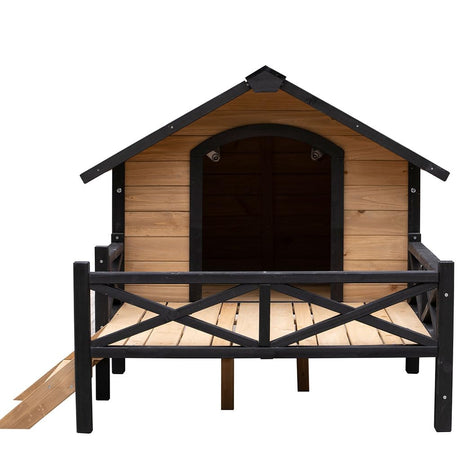 SEOCCTV Wooden Dog Kennel, Weatherproof Dog Houses Outside with Porch and Side Windows Cabin House Style Pet Kennel Wood Dog Crate for Medium Large Pets(43.6" L x 66.9" W x 32.7") SEOCCTV