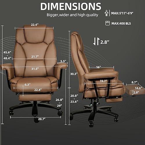 Sucrever Reclining Office Chair with Footrest, Big and Tall Home Office Desk Chairs 400lbs with High Back, Criss Cross Wide Seat, Heavy Duty Base, Pu Leather, Brown Sucrever
