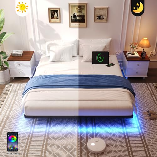 Awesofurni Floating Bed Frame King Size with Smart LED Lights and Charging Station, Heavy Duty Modern Metal Platform Bed No Box Spring Needed - Easy Assembly and Noise Free Awesofurni