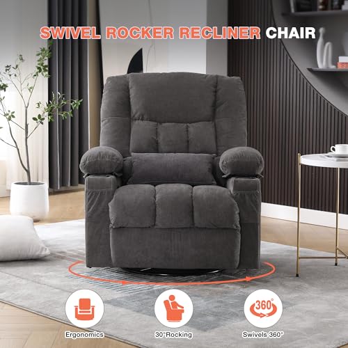 Massage Swivel Recliner Chair with Vibration Massage and Lumbar Heating for Adults,Oversized Rocker Recliner Single Sofa with Side Pocket,Two Cup Holders and USB Charge Port for Living Room