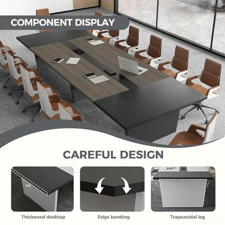 Nuipesn 138 Inch Rectangular Conference Table, 12FT Boardroom Table for 12-14, Built-in Power Outlets & USB Charging Ports, Cable Management, Splicing Design, 2 Inch Thick Top, Oak/Grey Nuipesn