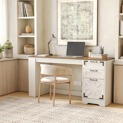 LITTLE TREE Office Desk with Drawers, 59" Farmhouse Executive Desk with Storage File Cabinet, Wooden Computer Writing Table for Home, Office, Bedroom, White & Brown LITTLE TREE