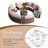 SUNSITT Outdoor Patio Furniture Set 13-Piece Round Sectional Sofa Curved Wicker Sofa with 4 Side Table and Pillows, Brown Rattan & Beige Cushion SUNSITT