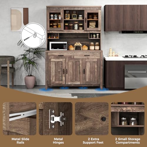 SILKYDRY 78.5" Tall Kitchen Hutch Storage Cabinet, Large Buffet Cupboard with Glass Doors, Drawers, Adjustable Shelves, Wooden Kitchen Pantry Cabinet with Microwave Shelf for Home Coffee Bar SILKYDRY