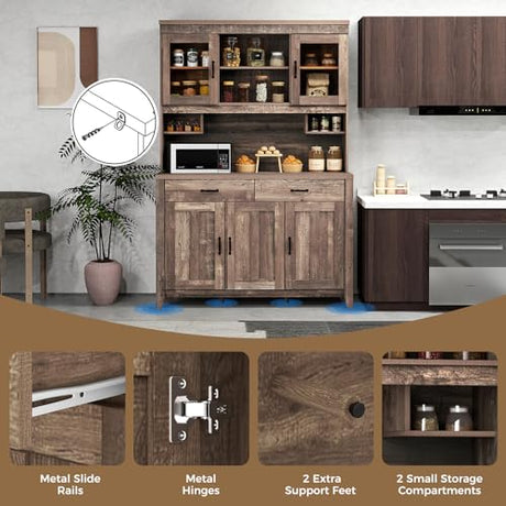 SILKYDRY 78.5" Tall Kitchen Hutch Storage Cabinet, Large Buffet Cupboard with Glass Doors, Drawers, Adjustable Shelves, Wooden Kitchen Pantry Cabinet with Microwave Shelf for Home Coffee Bar SILKYDRY