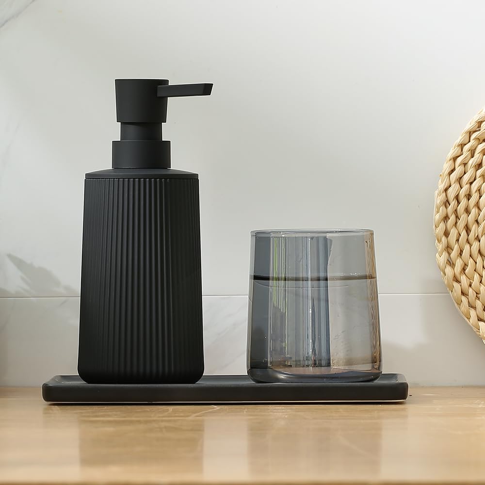 Small Soap Dispenser for Bathroom and Kitchen, Modern Farmhouse Striped Style Plastic Hand Soap Dish Soap Dispenser with Pump Matte Black YAUKPH