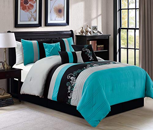Chezmoi Collection Napa 7-Piece Luxury Leaves Scroll Embroidery Bedding Comforter Set (Queen, Teal Blue/Gray/Black) Chezmoi Collection