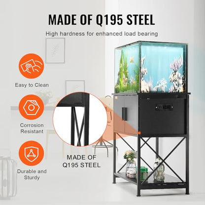 VEVOR Aquarium Stand, 29 Gallon Fish Tank Stand, 28.7 x 16.5 x 30 in Steel and MDF Turtle Tank Stand, 242.5 lbs Load Capacity, Reptile Tank Stand with Storage Cabinet and Embedded Power Panel, Black