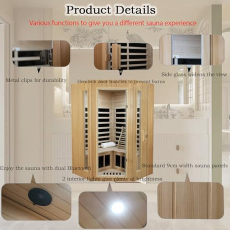 LTCCDSS 2-3 Person Infrared Sauna, Far Infrared Saunas for Home Low EMF Indoor Home Sauna Spa with Tempered Glass Door, Hemlock Wooden Corner Sauna Room,1670W/120V, Bluetooth Speaker, 2 Reading Lamps LTCCDSS