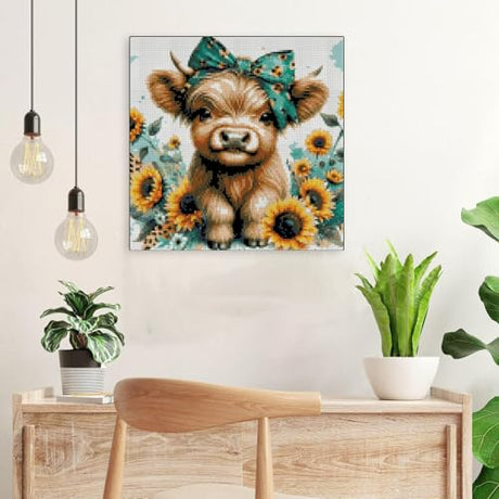 Cow Stamped Cross Stitch Kits for Adults Beginner, Sunflowers Counted Cross Stitch Kits Printed Stitching Cute Patterns Dimensions Needlepoint Art Crafts Embroidery Kits for Adults Beginners TaeYsck