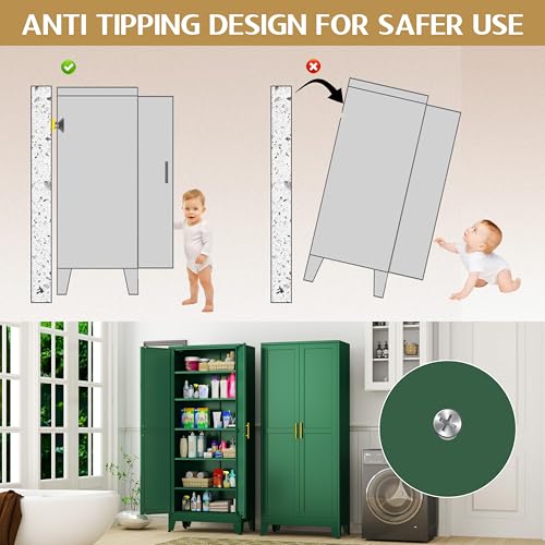 GAIOUS 75.2" Tall Kitchen Food Pantry, Pantry Cabinet with 2 Door and 5 Adjustable Shelves, Green Laundry Room Cabinets, Freestanding Pantry for Kitchen, Study Room, Dining Room and Entryway GAIOUS