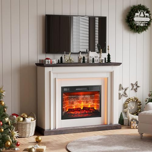 44 Inches LED Lights Electric Fireplace with Mantel, Tall Fireplace Heater Freestanding, Delicate Three-Dimensional molding with Remote Control Timer LED Flame for Living Room, Bedroom, White&Brown BOSHIRO