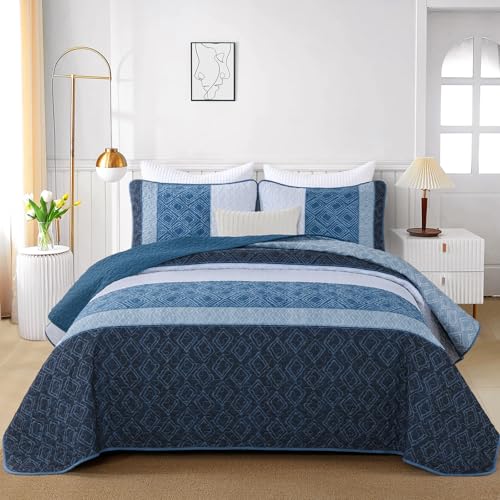 Cottolester Navy Blue Full Quilt Set,Striped Plaid Bedspread Coverlet Set,Khaki Boho Summer Bedding Set Soft Microfiber Bedding Set with 2 Pillow Shams 78"x90" Cottolester