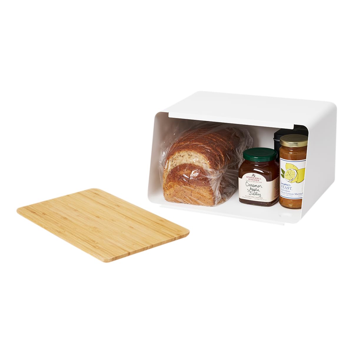 Yamazaki Home Metal Bread Box With Removable Bamboo Wooden Cutting Board Lid, Kitchen Storage Box YAMAZAKI