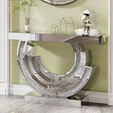 42.9"W x 31.5"H Mirrored Entryway Console Table with C-Shaped, Silver Crushed Diamond Hallway Table, Modern Handcraft Glass Couch Table Behind Sofa, Foyer Table for Living Room, Entrance and Corridor Neftis