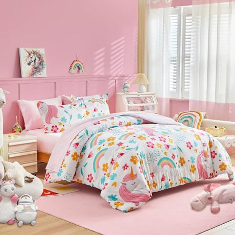 Girls Bed in a Bag Twin Size White Unicorn Comforter Set with Rainbow Flower - Soft 6 Pcs Pink Bedding Set (1 Comforter, 2 Pillow Shams, 1 Flat Sheet, 1 Fitted Sheet, 1 Pillowcases) UOZZI BEDDING