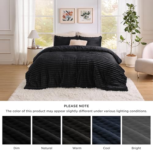 Bedsure Comforter Set Queen Size - GentleSoft™ 3 Pieces Double-Side Fleece Fluffy Black Comforter Set, Cozy Striped Room Decor Aesthetic, Luxury Bedding Queen Size, 2 Pillowcases, 90x90 Inches Bedsure